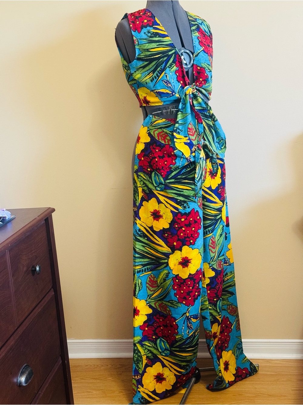 Jessica Tropical Floral Tie-Front two Pieces Set in Teal, Yellow & Red